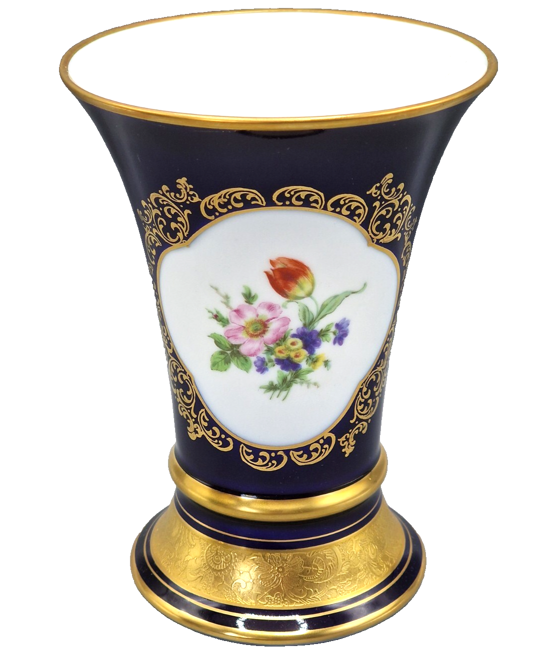 Lindner Porzellan Vase 422 Echt Cobalt Ätzgold Handarbeit Blumen Bavaria