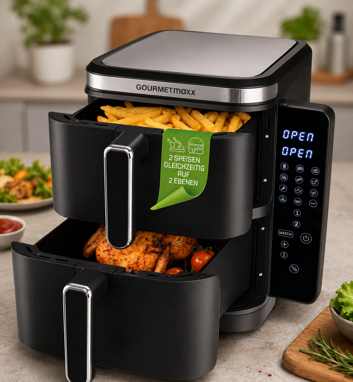 GOURMETmaxx FryUp Heißluftfritteuse 10L Doppelkammer Airfryer Touchdisplay HA22