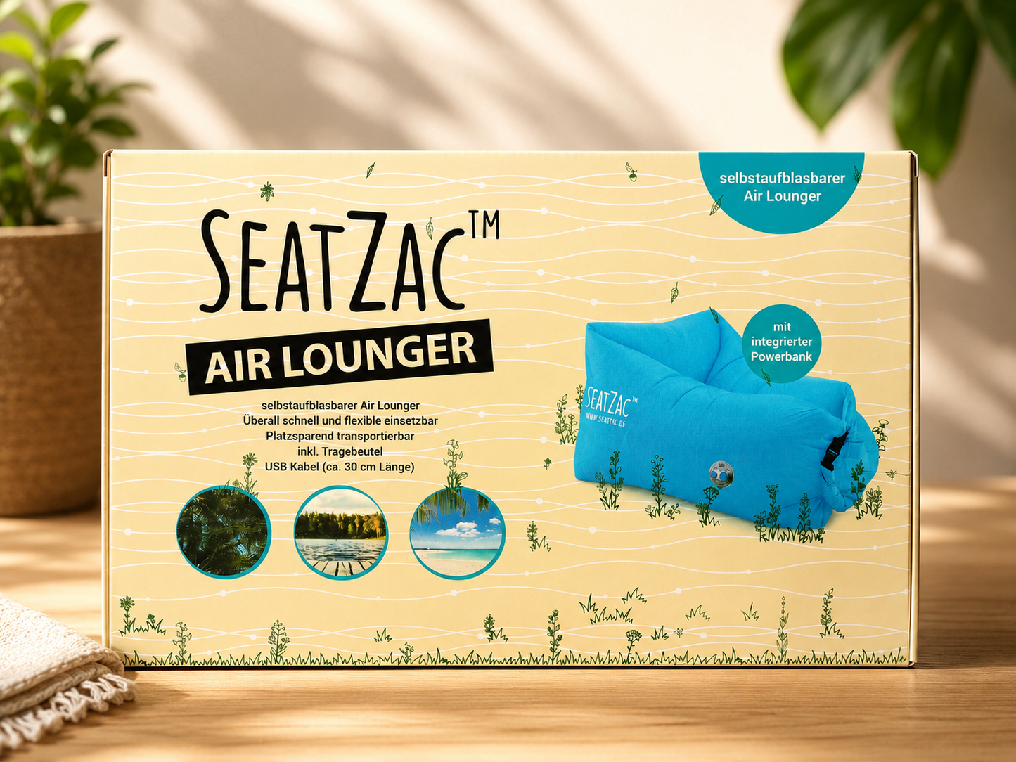 SeatZac Air Lounger Luftsofa Sitzsack selbstaufblasbar + Powerbank Blau