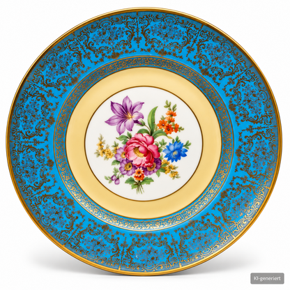 Schumann Bavaria Porzellan Zierteller Nr. 7 Blumen Golddekor Türkis Sammelteller