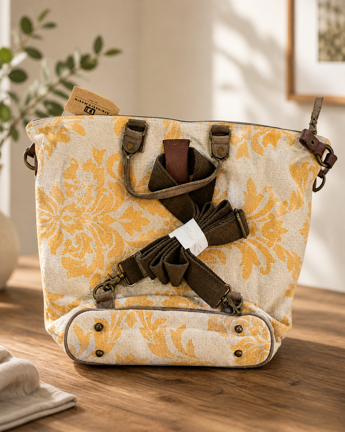 Desiderius Rika Tasche Yellow Canvas Olive Leather Handtasche Damen