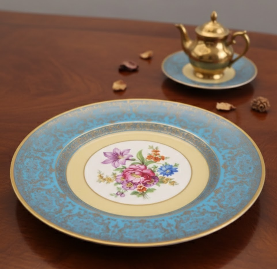 Schumann Bavaria Porzellan Zierteller Nr. 7 Blumen Golddekor Türkis Sammelteller