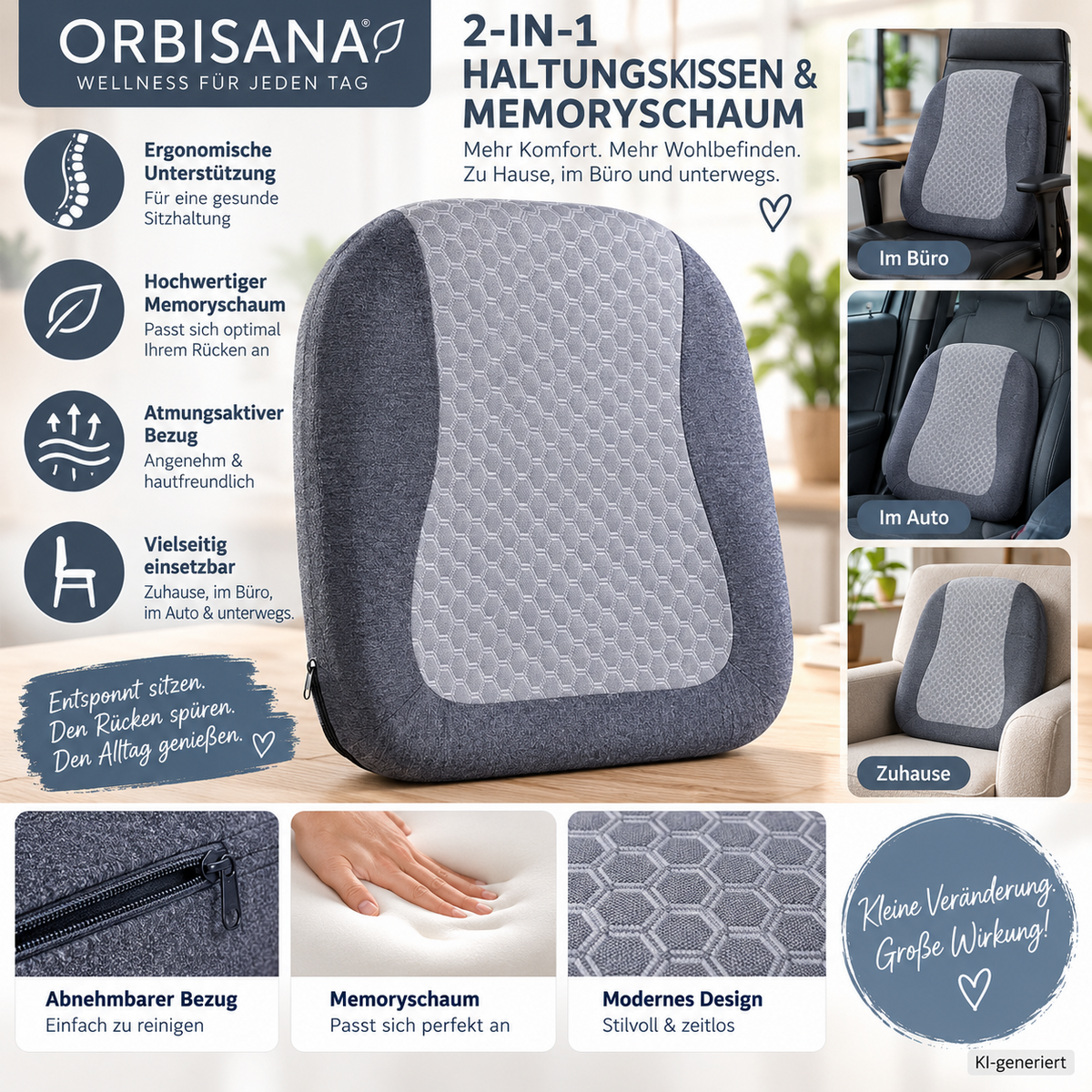 Orbisana 2-in-1 Haltungskissen Memoryschaum Rücken- & Sitzkissen Grau HA30