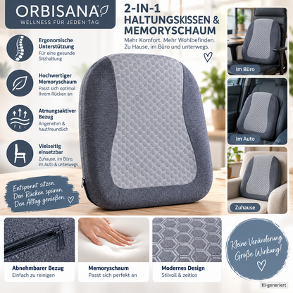 Orbisana 2-in-1 Haltungskissen Memoryschaum Rücken- & Sitzkissen Grau HA30