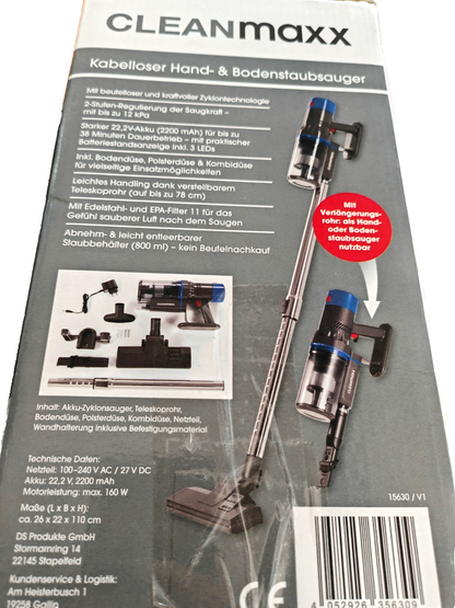 CleanMaxx Akku Staubsauger Kabellos Zyklon Hand Bodenstaubsauger