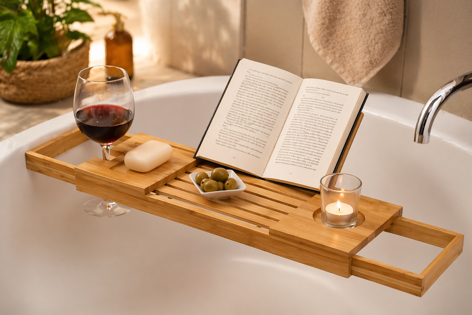 Bambus Badewannenablage ausziehbar – Luxus Badebrett Deko Wellness Angebot