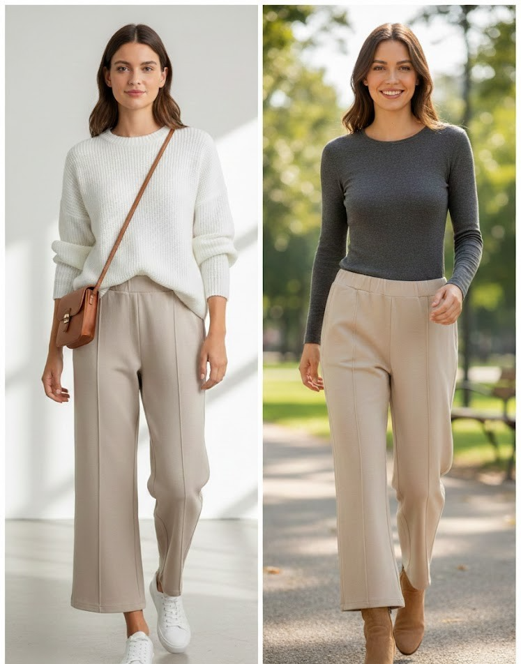 Lyla Damen Loungehose Gr. 42 Creme 7/8 Jersey Freizeithose Bequem Schlupfhose D3
