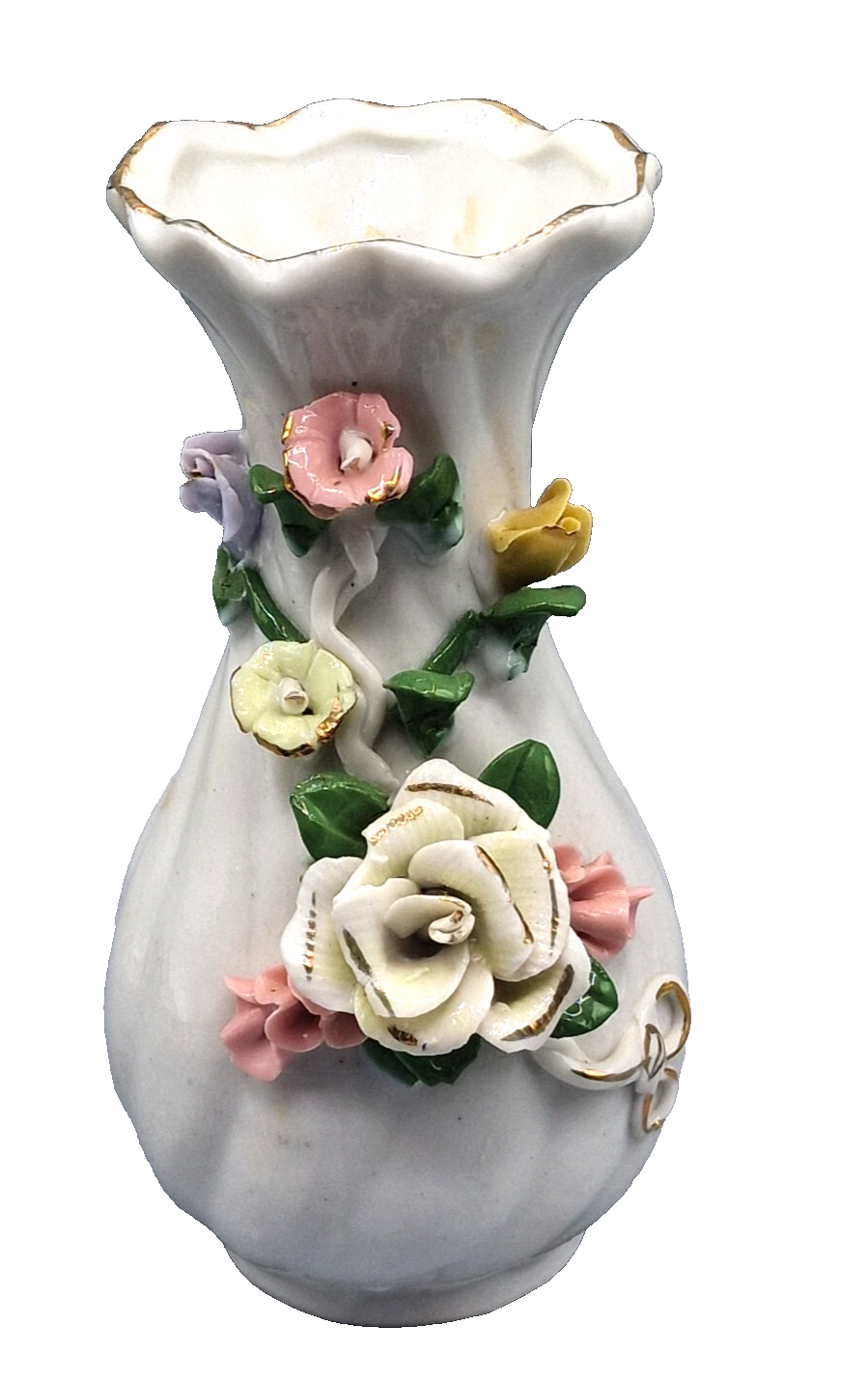 Vintage Porzellan Vase mit aufgesetzten Blumen Rosen Goldrand ca. 16 cm