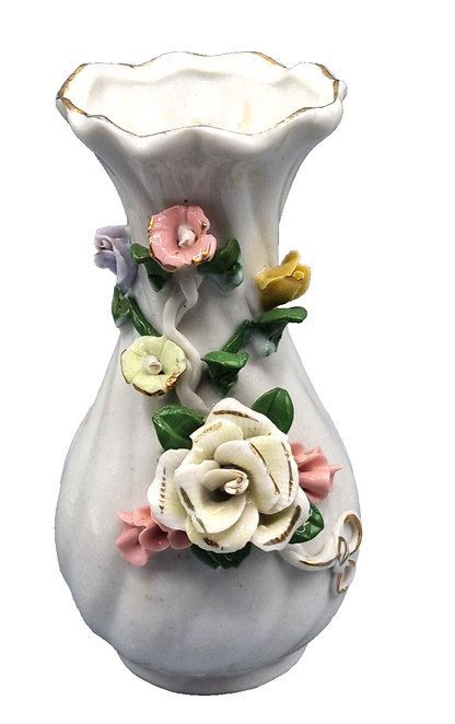 Vintage Porzellan Vase mit aufgesetzten Blumen Rosen Goldrand ca. 16 cm