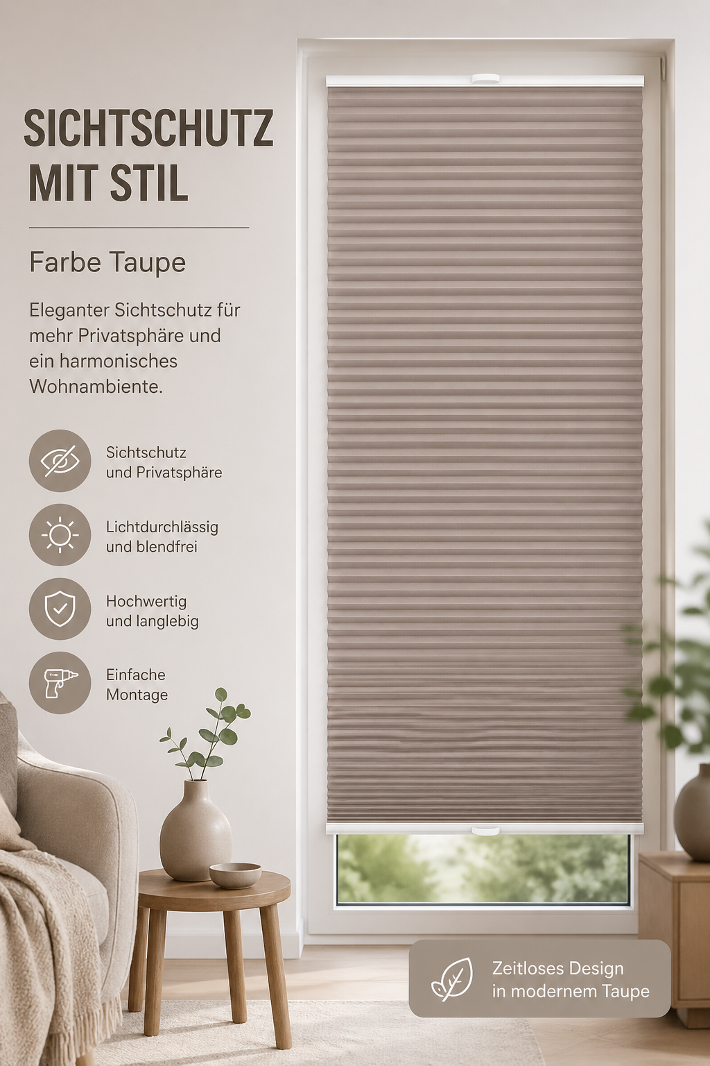 Plissee 70x210 Taupe schnurlos ohne Bohren Sichtschutz Klemmträger Fenster