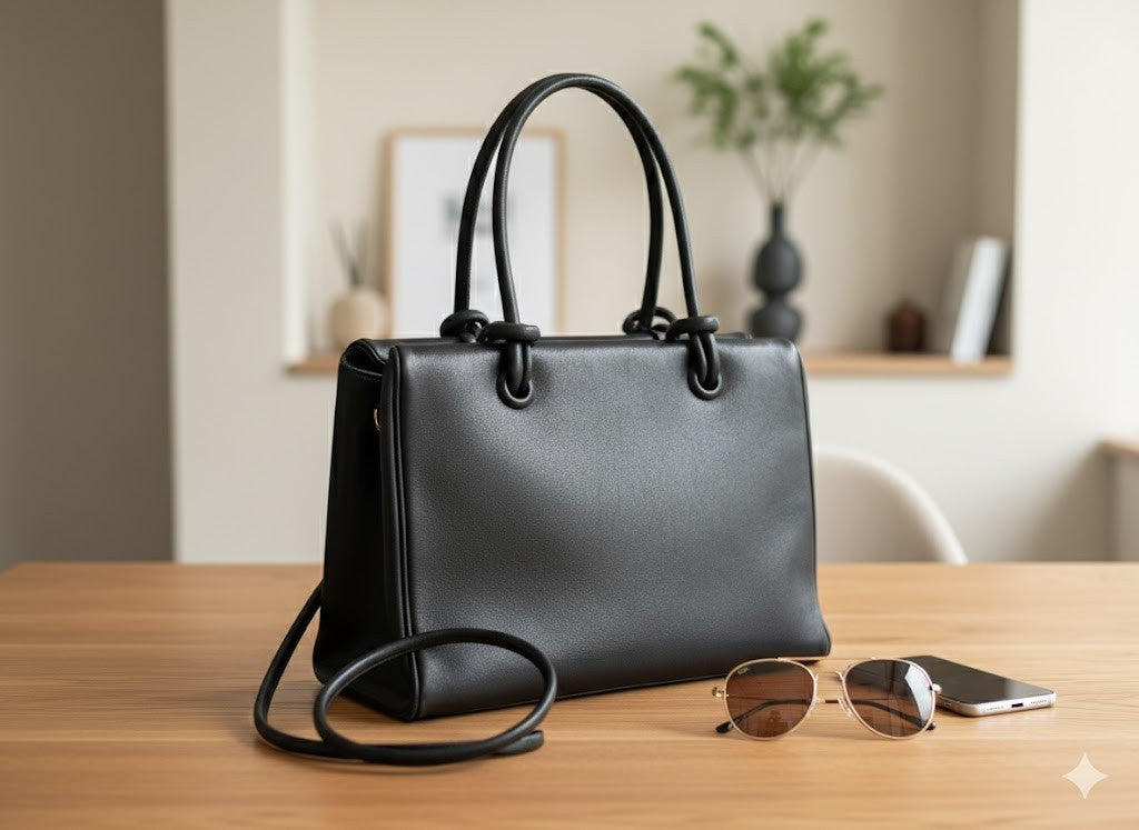 Damen Handtasche, Büffelleder, Schwarz, 26x18 cm