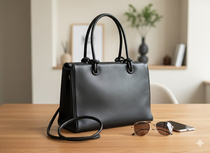 Damen Handtasche, Büffelleder, Schwarz, 26x18 cm