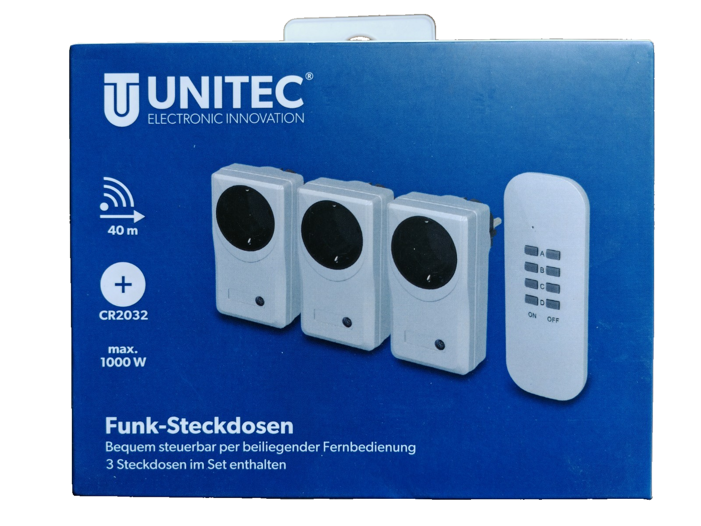UNITEC Funkfernschalter Set – 3 Steckdosen + Fernbedienung, Indoor, Weiß
