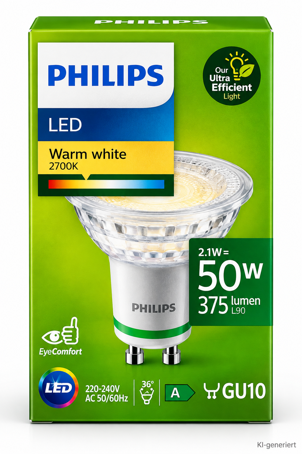 Philips UltraEfficient LED GU10 2,1W 375lm 2700K 50W Ersatz Spot 36° HA35