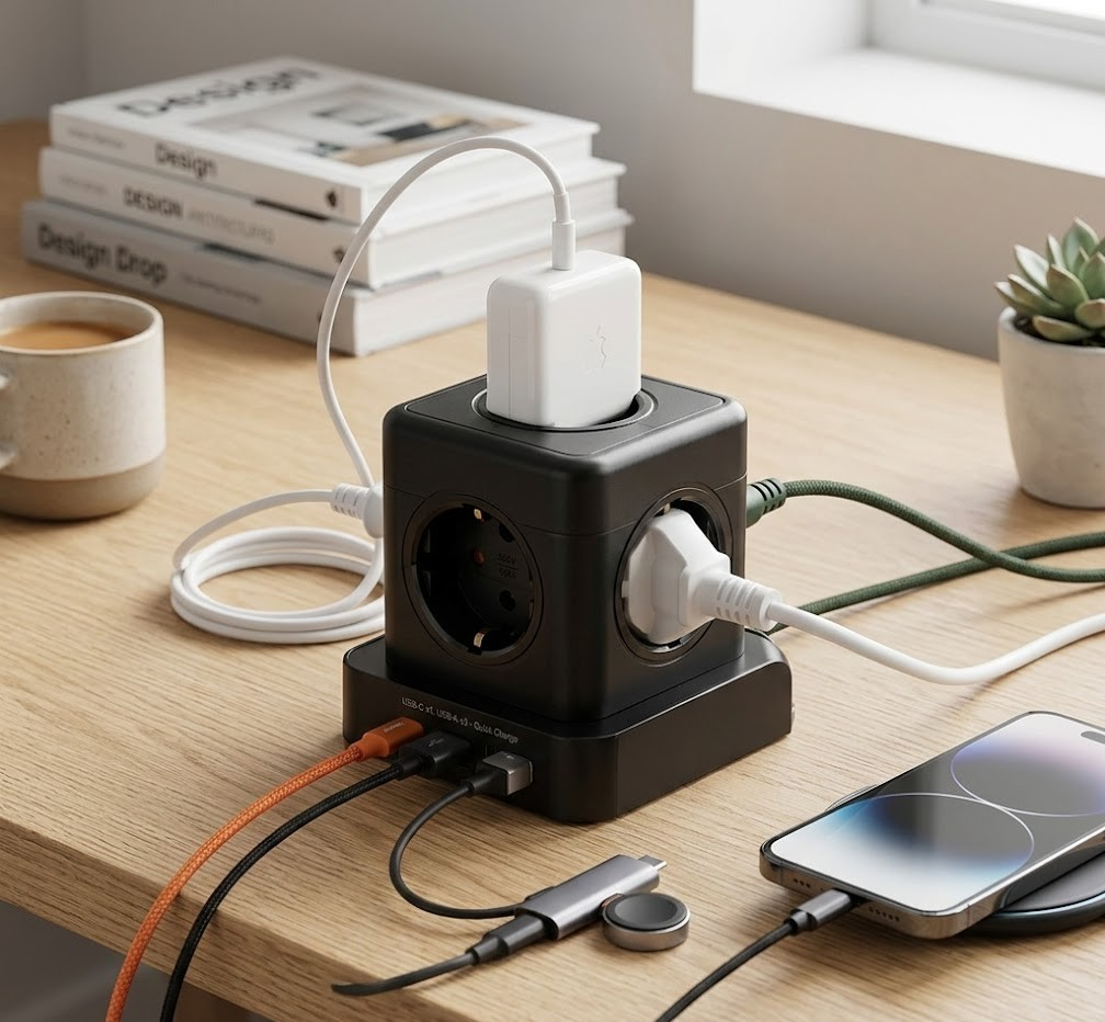 Steckdosenwürfel 9-fach 3x USB-A 1x USB-C TÜV/GS geprüft Schwarz