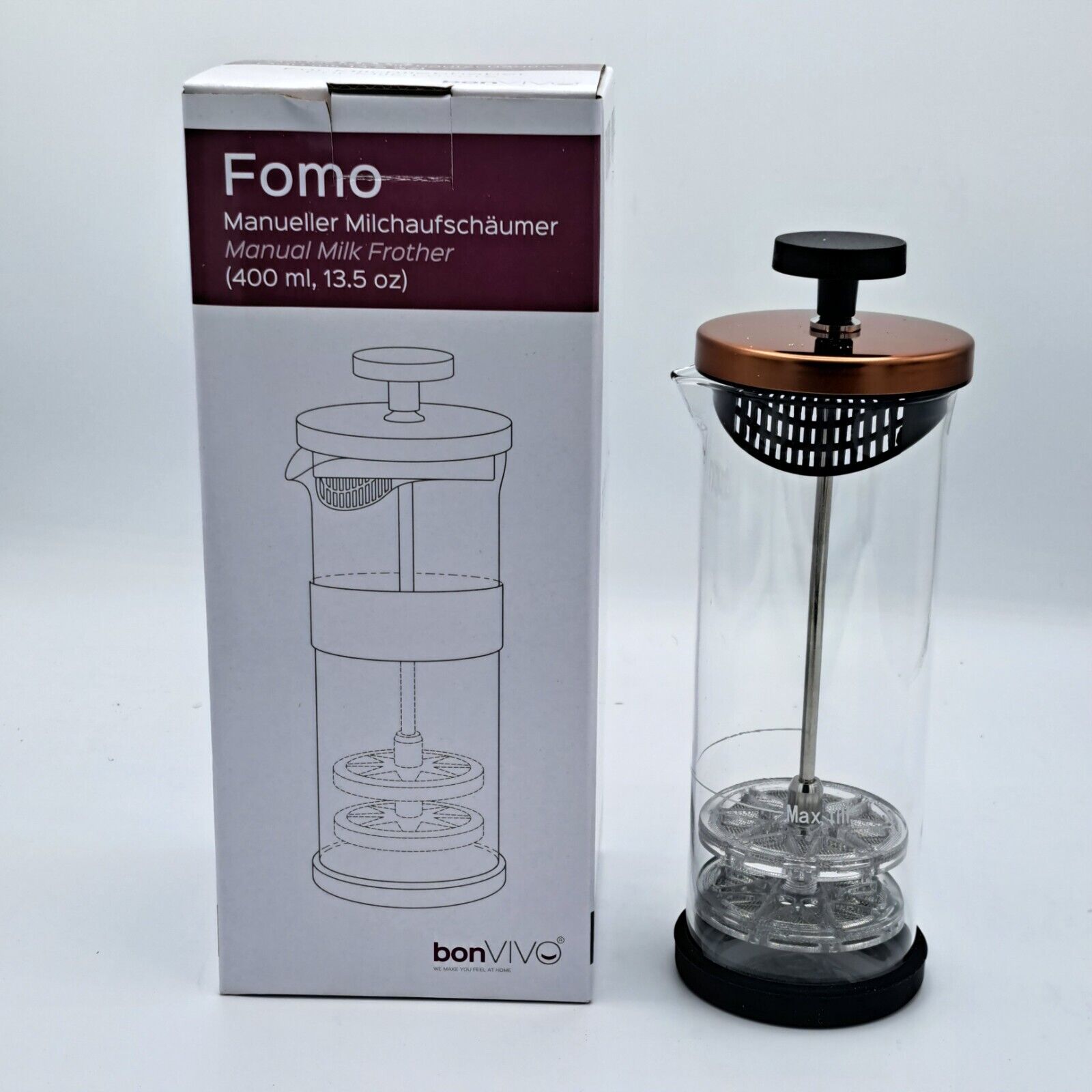 Manueller Milchaufschäumer, 400 ml, Glas und Edelstahl