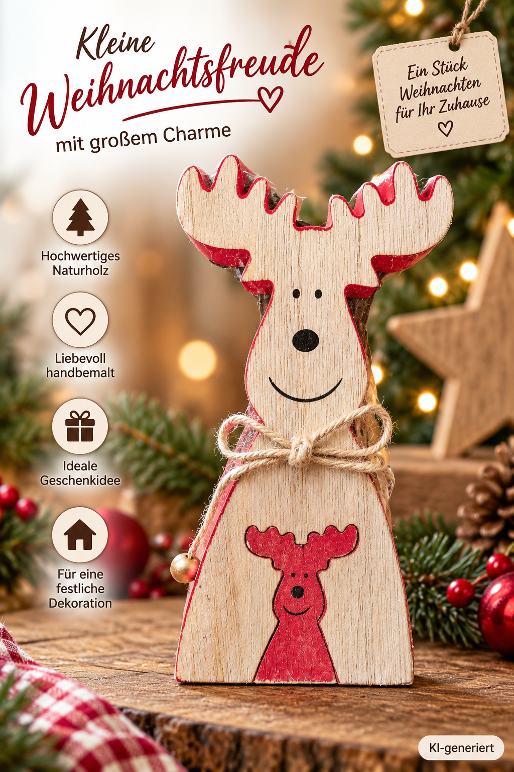 Wenco Holz Rentier Weihnachtsdeko Elch Dekofigur Natur Rot FSC Weihnachten HA21