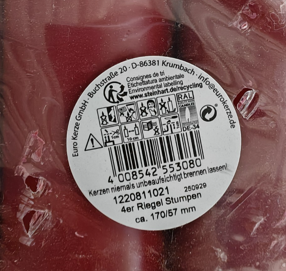 4x Euro Kerze Stumpenkerzen Rot 170x57mm RAL Qualitätskerzen Dekokerzen B8
