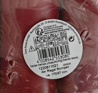 4x Euro Kerze Stumpenkerzen Rot 170x57mm RAL Qualitätskerzen Dekokerzen B8
