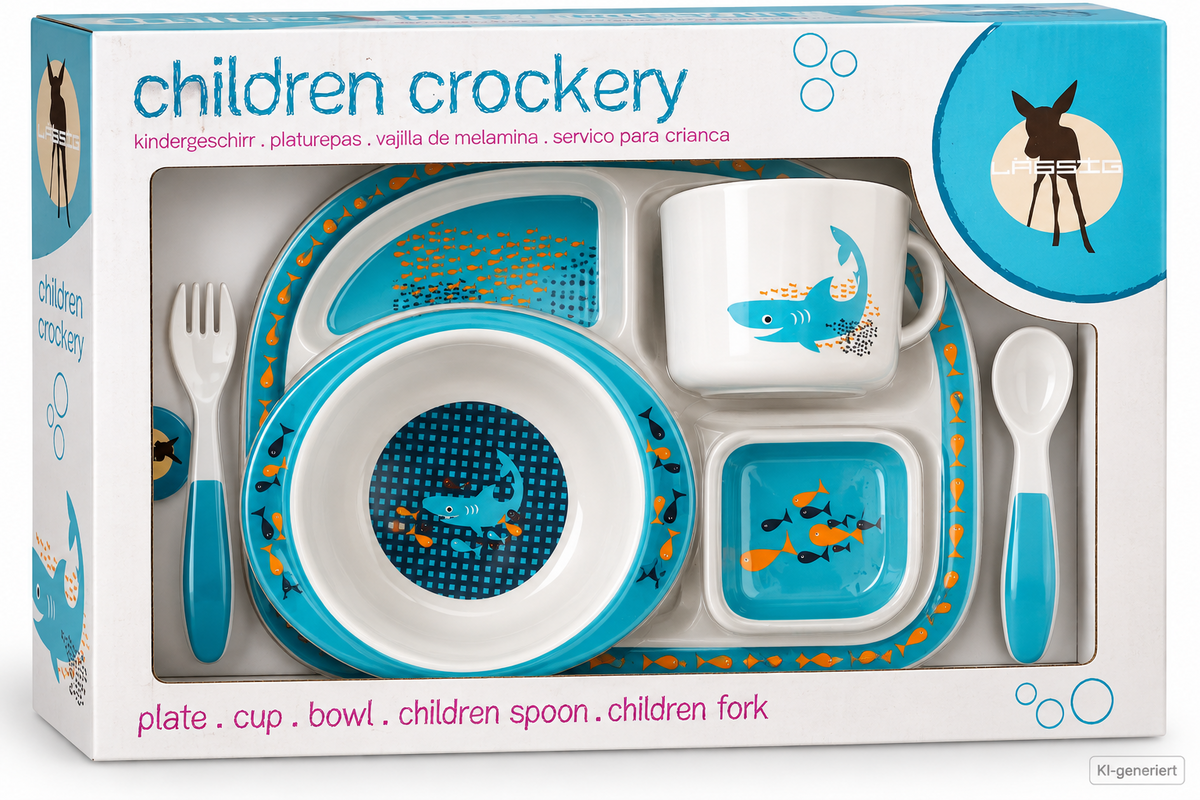 LÄSSIG Kindergeschirr Shark 5tlg Melamin Teller Becher Schüssel Besteck D7