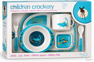 LÄSSIG Kindergeschirr Shark 5tlg Melamin Teller Becher Schüssel Besteck D7