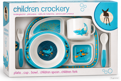 LÄSSIG Kindergeschirr Shark 5tlg Melamin Teller Becher Schüssel Besteck D7