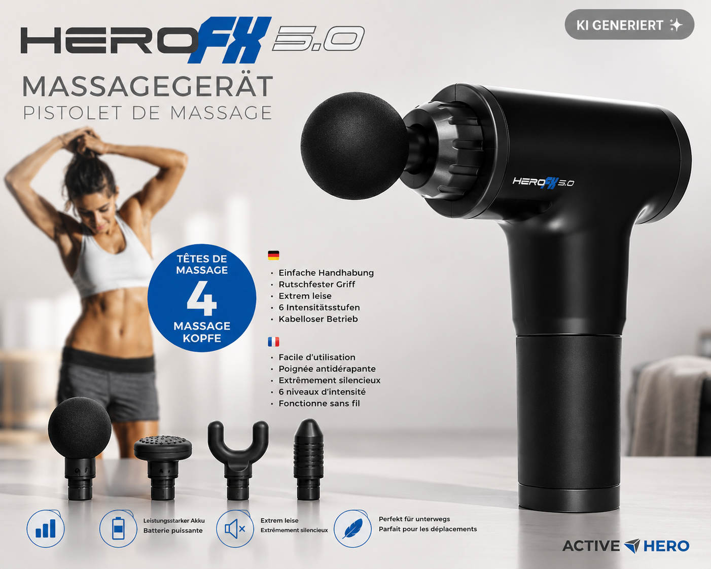 Hero FX 3.0 Massage Gun Massagepistole Muskelmassagegerät 4 Köpfe F4