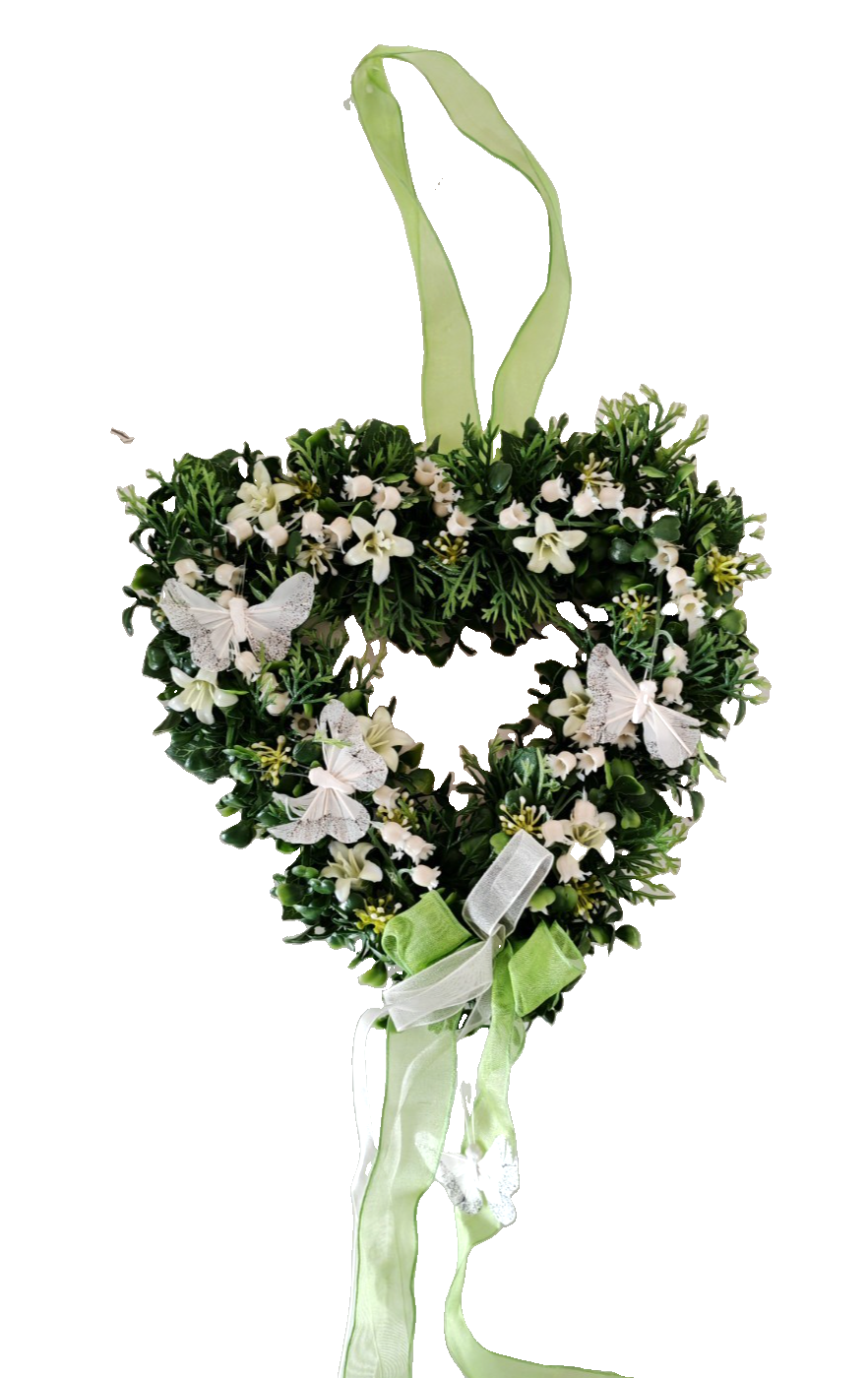 Deko Herz Kranz Kunstblumen Weiß Grün Schmetterlinge Türkranz zum Aufhängen C4