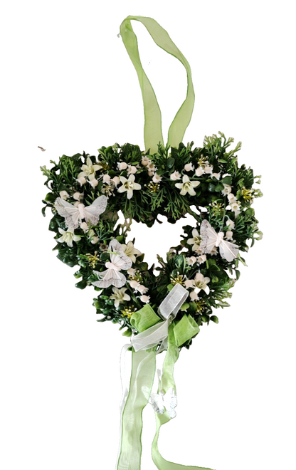 Deko Herz Kranz Kunstblumen Weiß Grün Schmetterlinge Türkranz zum Aufhängen C4