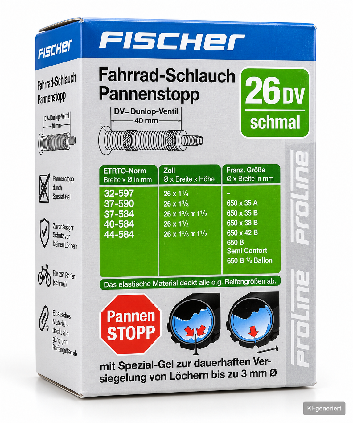 FISCHER Fahrradschlauch 26 Zoll DV Pannenstopp Dunlop Ventil 40mm Gel E4