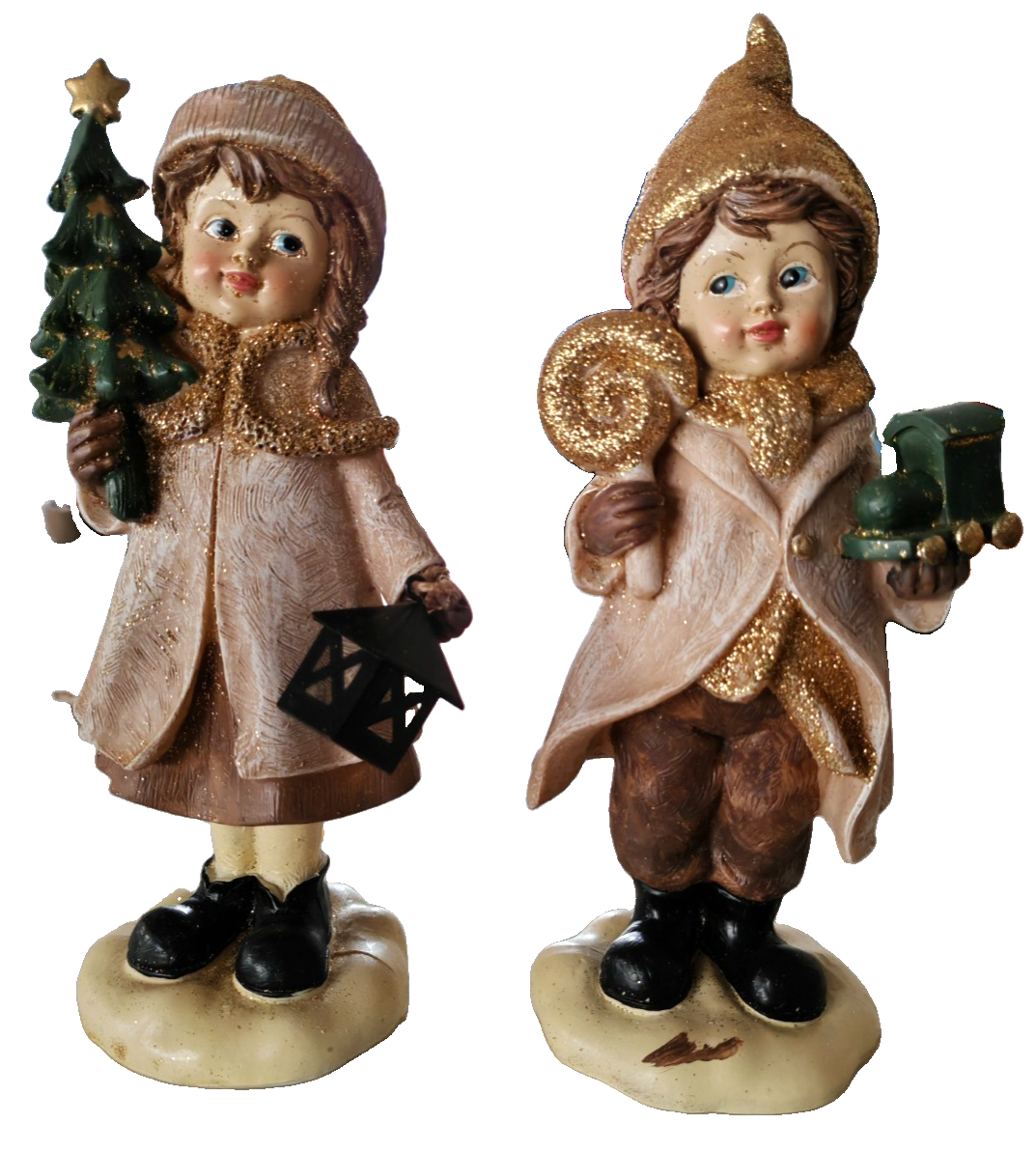 Winterkinder 2er Set Weihnachtsdeko Figuren Gold Glitzer Mädchen Junge 21cm C6