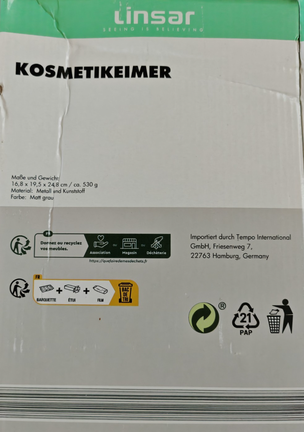 Linsar Kosmetikeimer 3L Grau Tretmülleimer Soft Close Absenkautomatik Bad WC HA6
