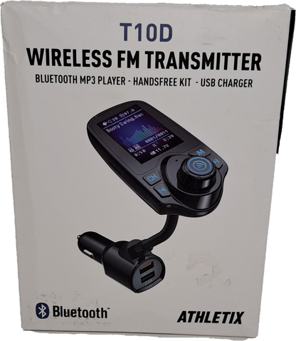 Athletix T10D wireless FM Transmitter, MP3 Player, AUX Eingang/Ausgang, 2x USB