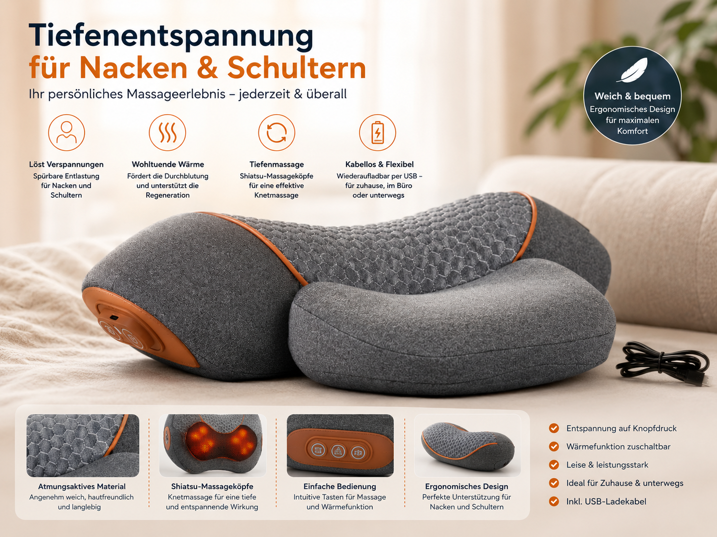 Zentira 3in1 Nackenmassagegerät Rückenmassage Wärme Massagekissen Elektrisch HA3
