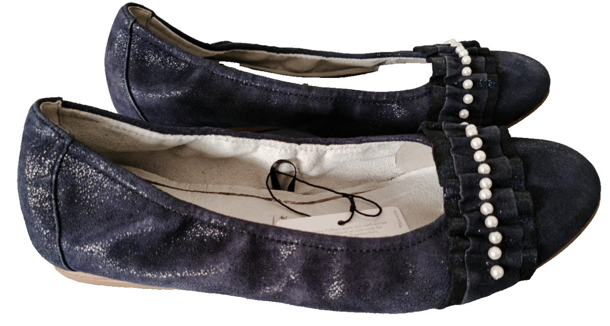 Tamaris Damen Ballerinas Gr. 38 Dunkelblau Perlen Lack Touch It Leder Schuhe G