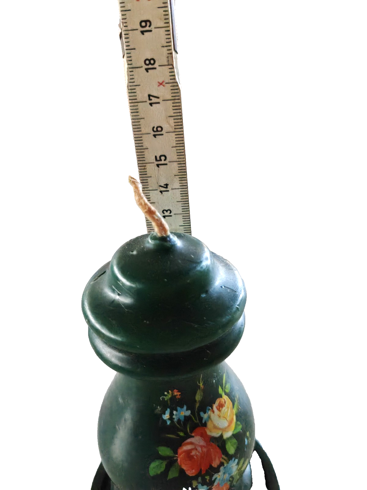 Vintage Schmuckkerze Grün Blumenmotiv Formkerze mit Kerzenteller ca. 14 cm B8