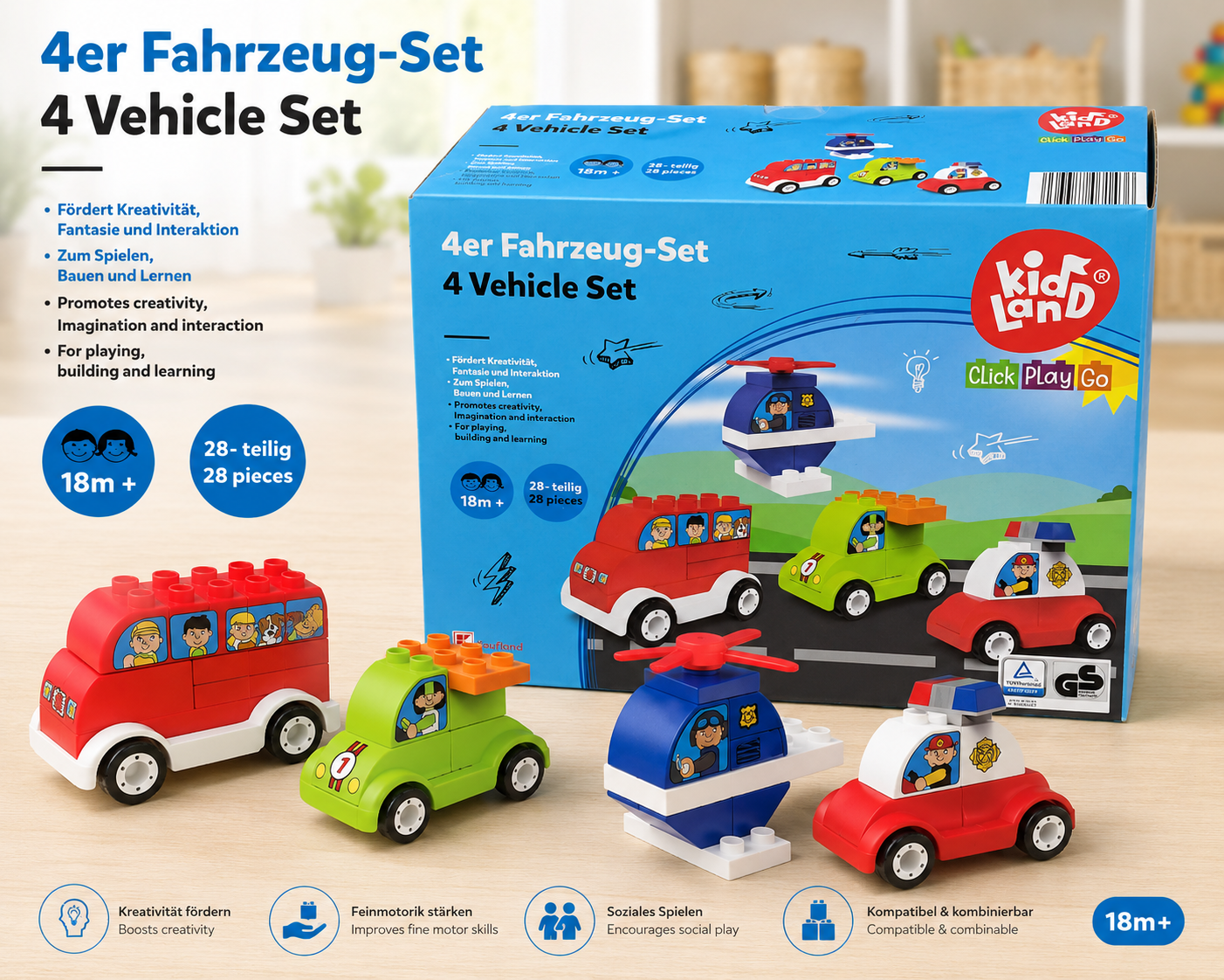 KidLand Click Play Go 4er Fahrzeug Set Spielzeugautos Kinder Fahrzeuge
