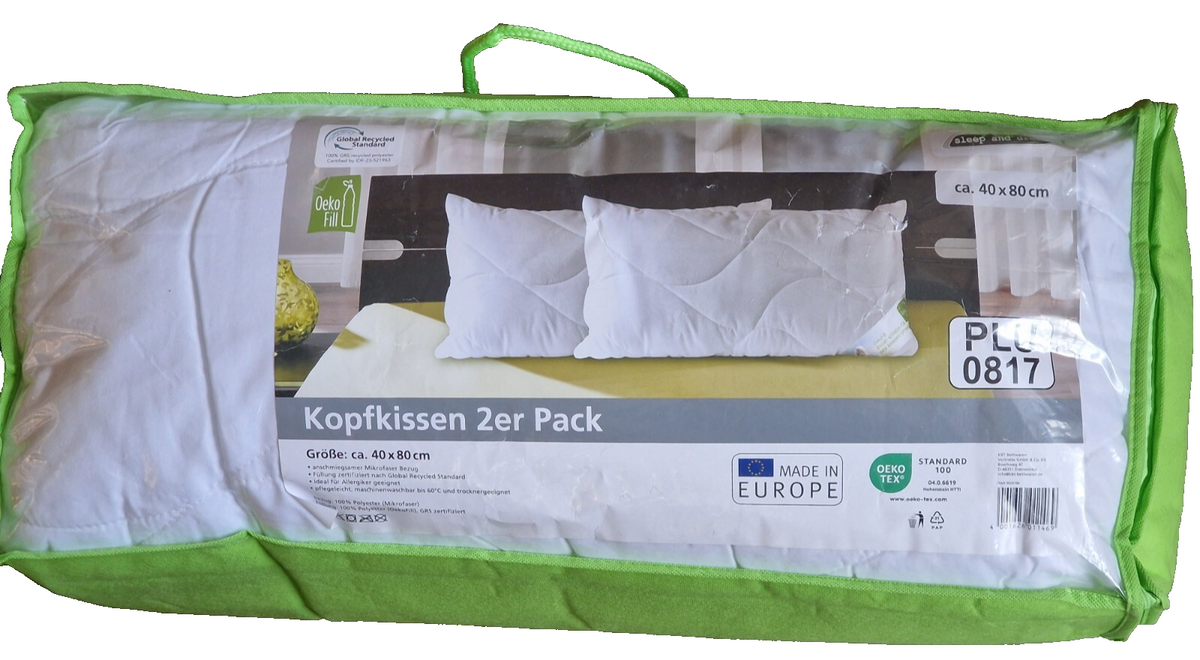 Sleep and Dream Kopfkissen 40x80 cm 2er Set Oeko-Fill Waschbar Weiß HA25