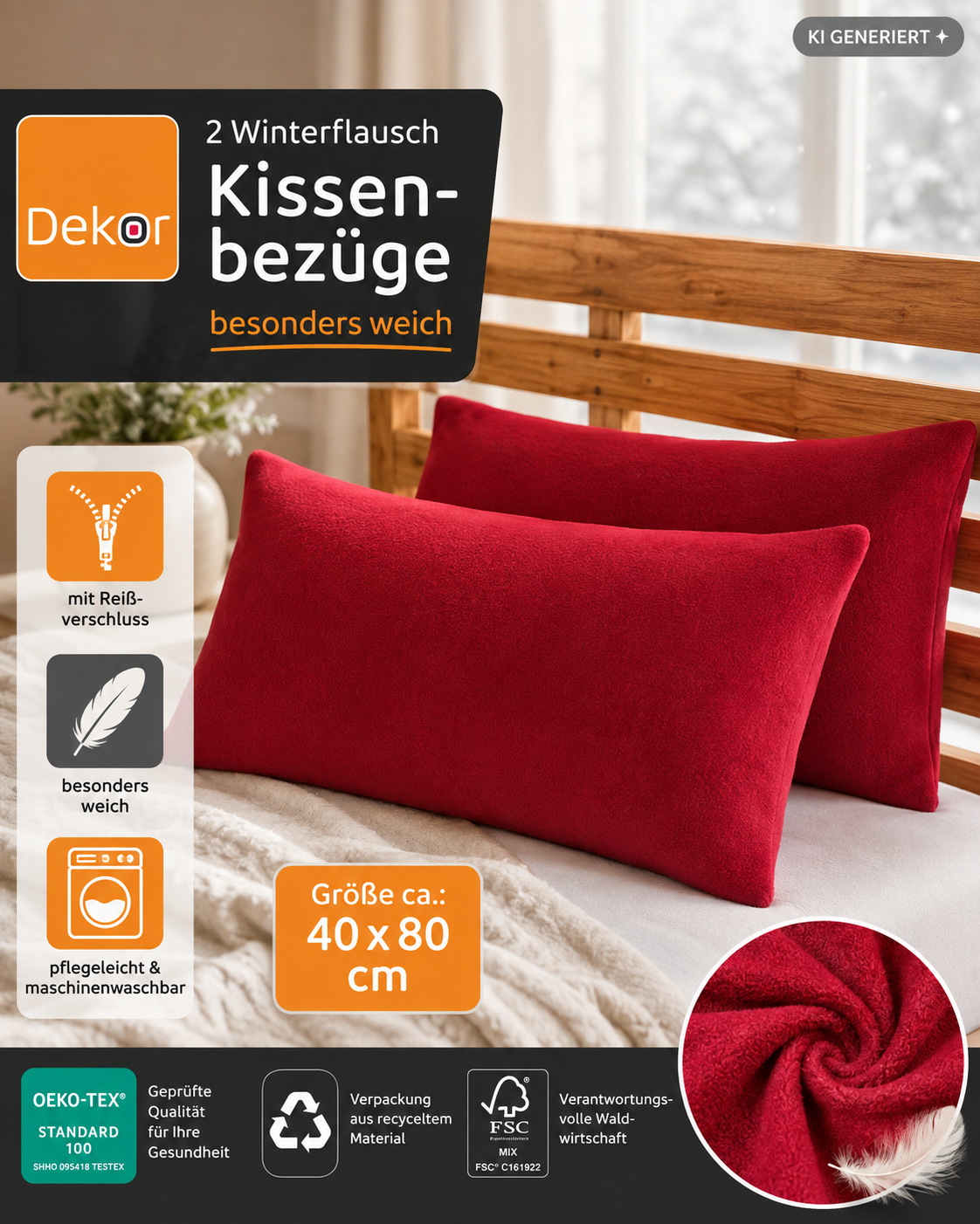 Dekor 2 Winterflausch Kissenbezüge 40x80cm Rot Kissenhüllen Winter Kuschelig E5