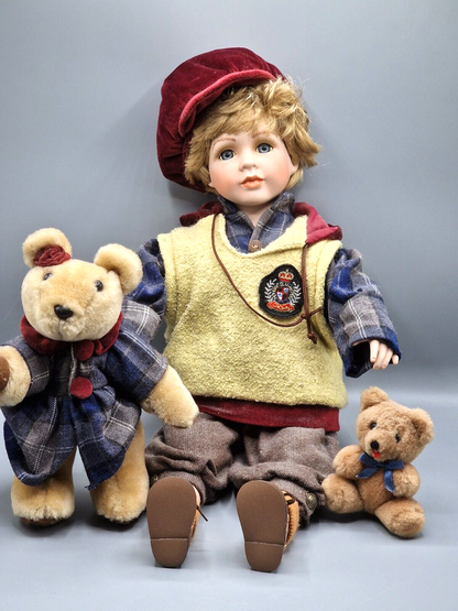 Sammlerpuppe Junge mit Puppenwagen Nostalgie Porzellanpuppe 2 Teddybären