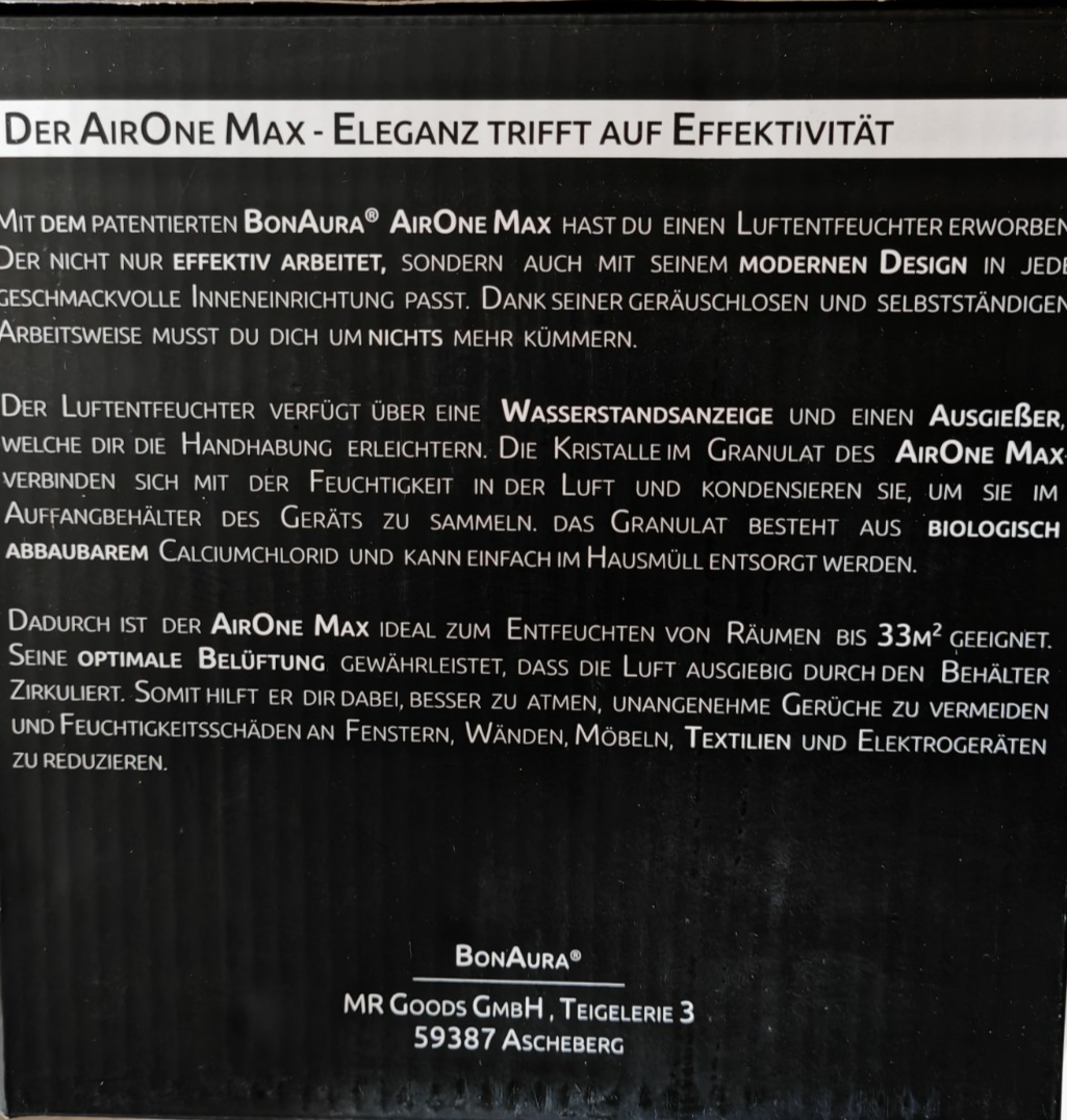 BonAura AirOne Max Luftentfeuchter 980g Granulat bis 33m² ohne Strom HA28