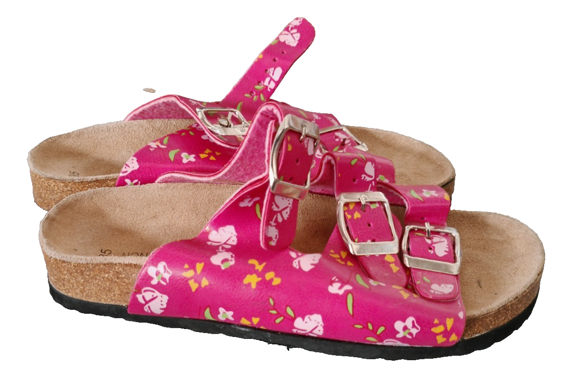 MONSOLOSO Damen Pantolette Gr. 35 Pink Blumen 3 Schnallen Korkoptik Sandale G2