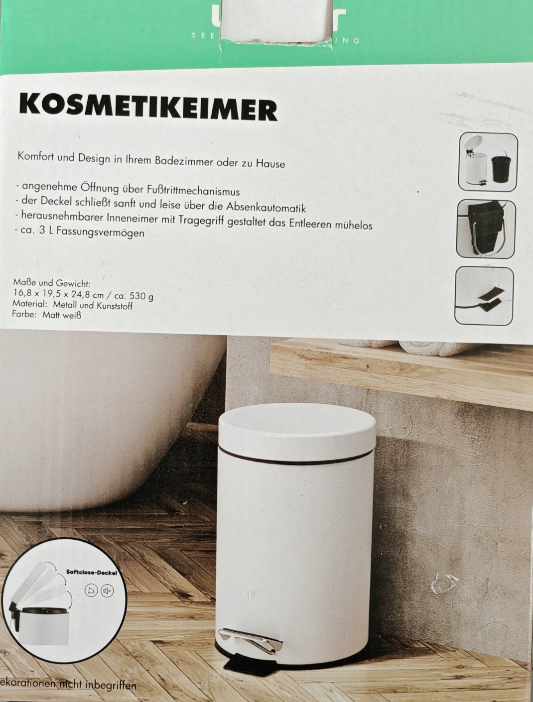 Linsar Kosmetikeimer 3L Weiß Tretmülleimer Soft Close Absenkautomatik Bad WC HA6