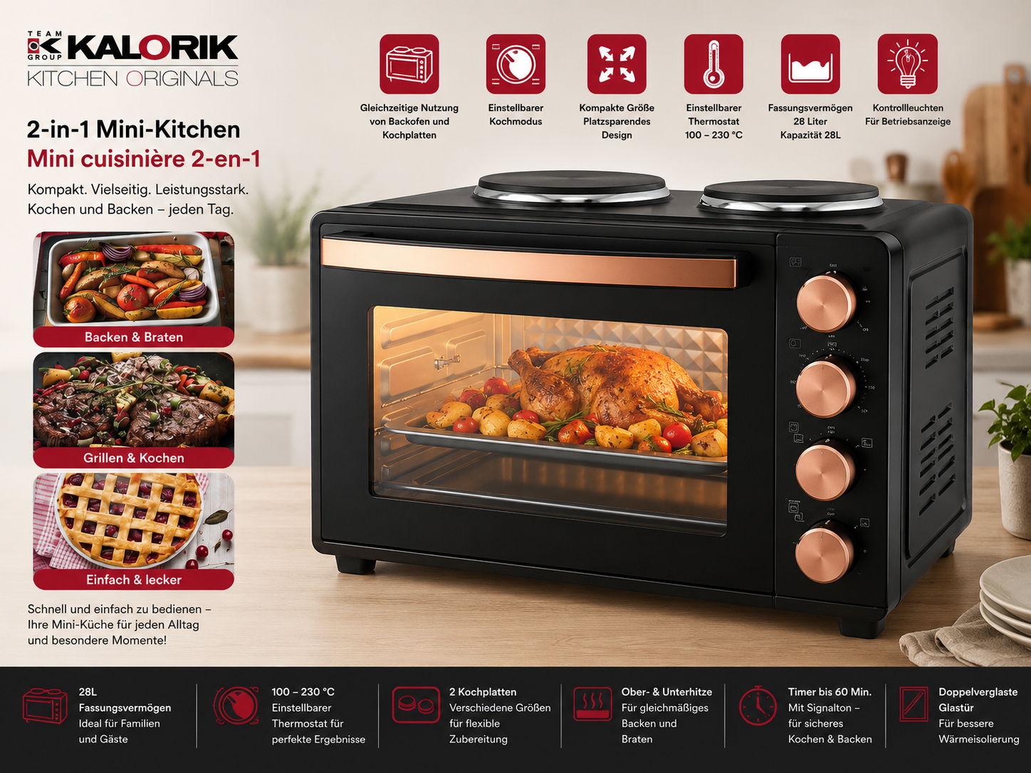 Kalorik TKG MK 1003 2in1 Miniküche Backofen Kochplatten 28L Drehspieß 3100W Pal2