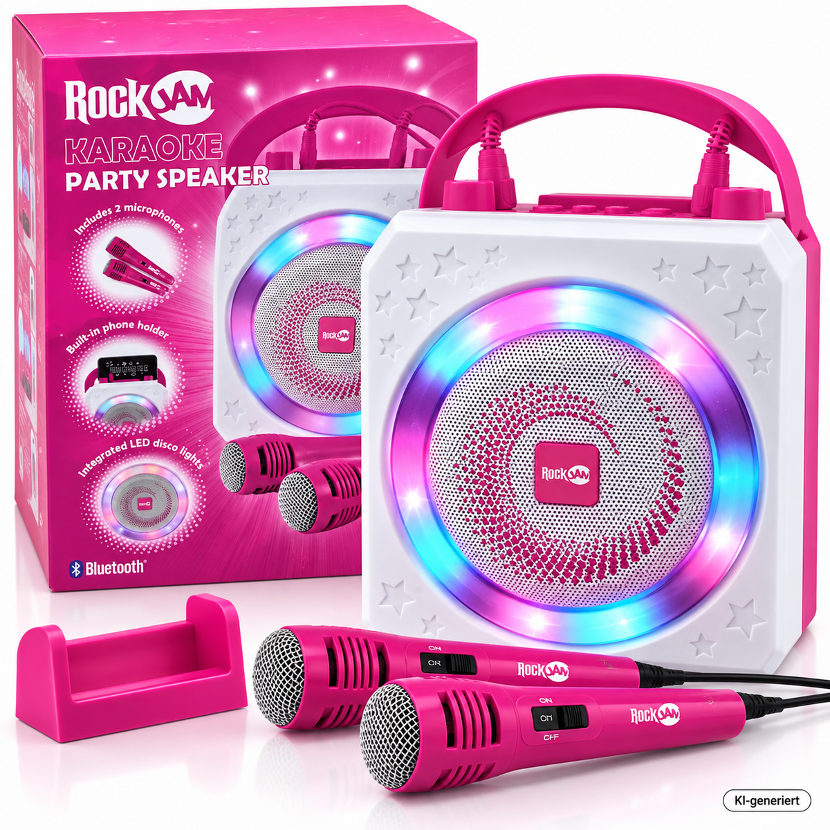 RockJam Karaoke Maschine 10W Bluetooth 2 Mikrofone LED Akku Party Speaker HA24