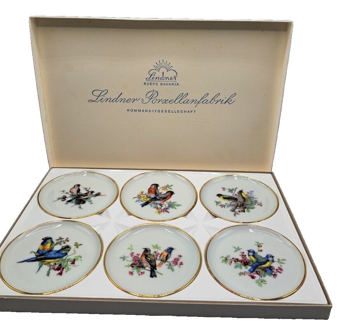 Lindner Porzellan 6 Unterteller Vogelmotiv 134/10 Goldrand Bavaria OVP