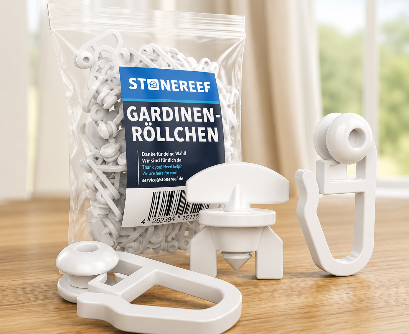 Stonereef Gardinenrollen 100 Rollen + 6 Stopper Gardinengleiter Vorhanggleit A2