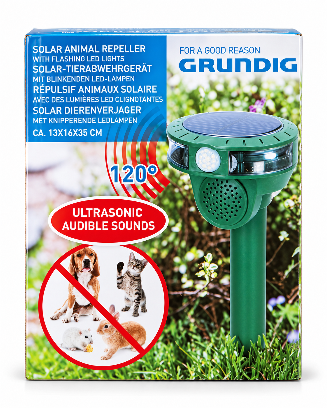 Grundig Solar Tierabwehr Ultraschall Tiervertreiber mit LED Blitz IP44 A8
