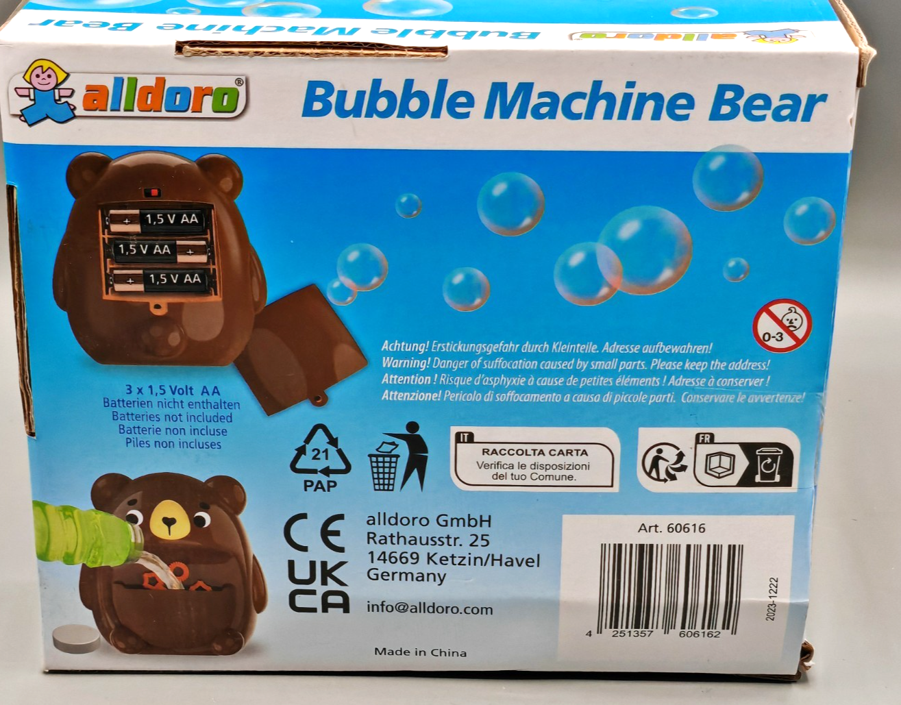 alldoro 60616 Seifenblasenmaschine Bär Braun batteriebetrieben inkl. Seifenlauge