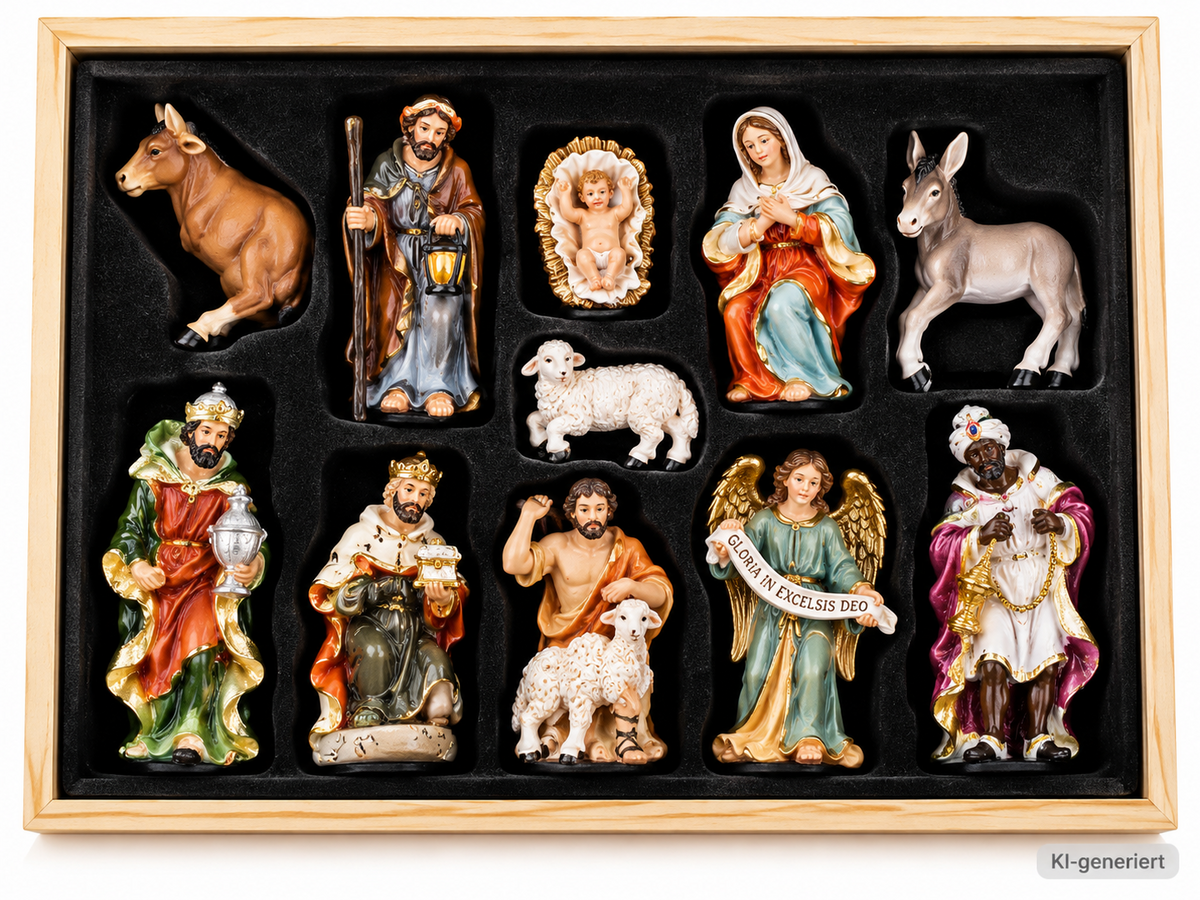 Krippenfiguren Set Linda 11-teilig Weihnachtskrippe Figuren Holzbox E7